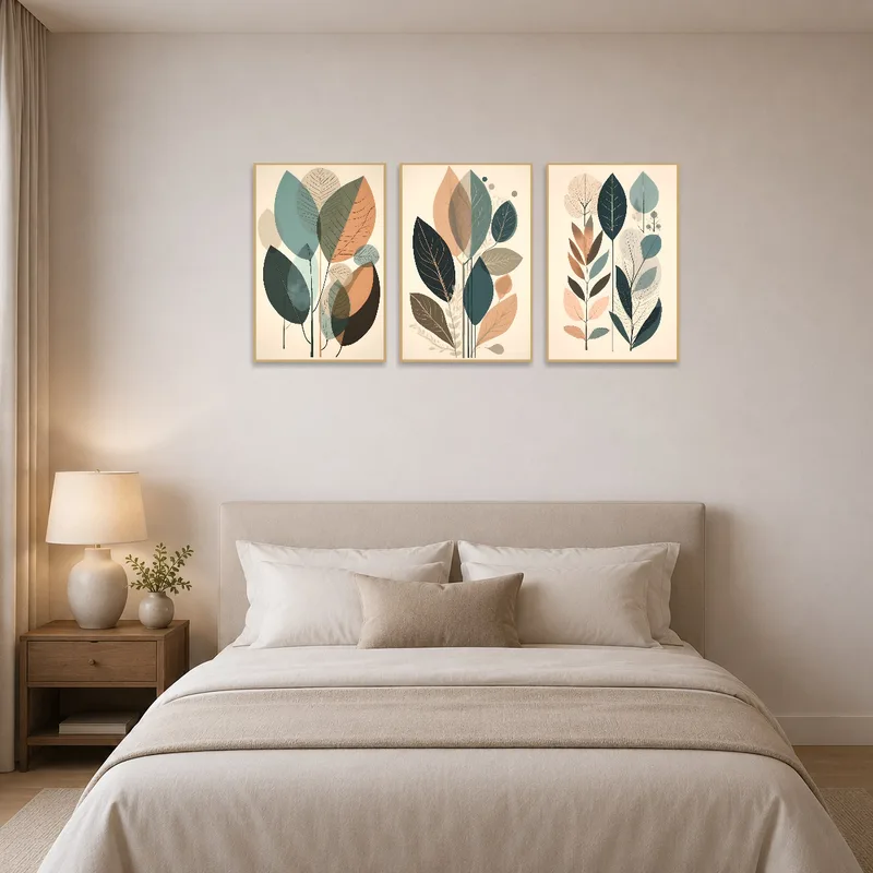 Three botanical art pieces above a bed creating a serene ambiance.
