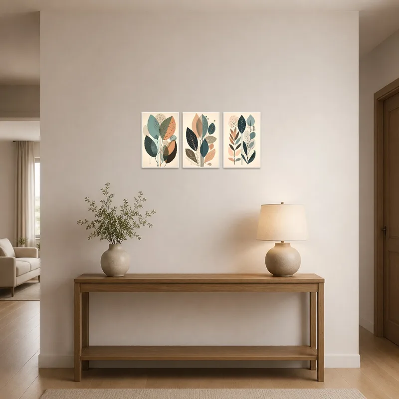 Leaf triptych displayed in an entrance hall with a welcoming console table.