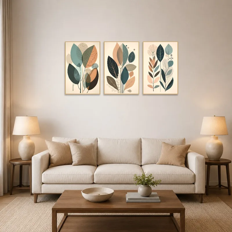 Three abstract leaf artworks on a living room wall above a modern sofa.