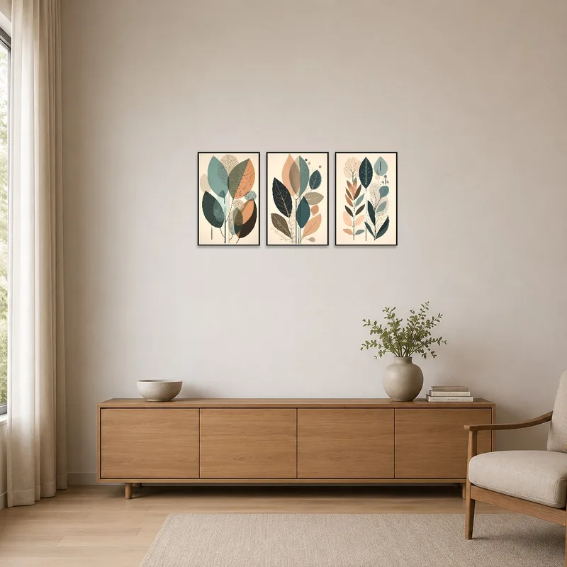Triptych of abstract leaf prints in a minimalist room with clean lines.
