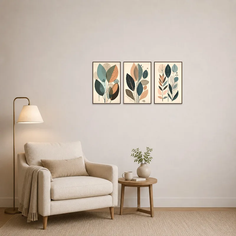 Abstract leaf set adorns a reading corner, adding a botanical touch.