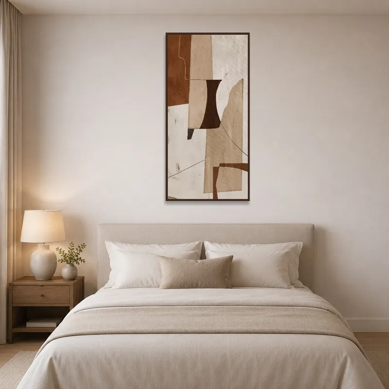 Tranquil artwork above a bed creating a serene bedroom atmosphere.