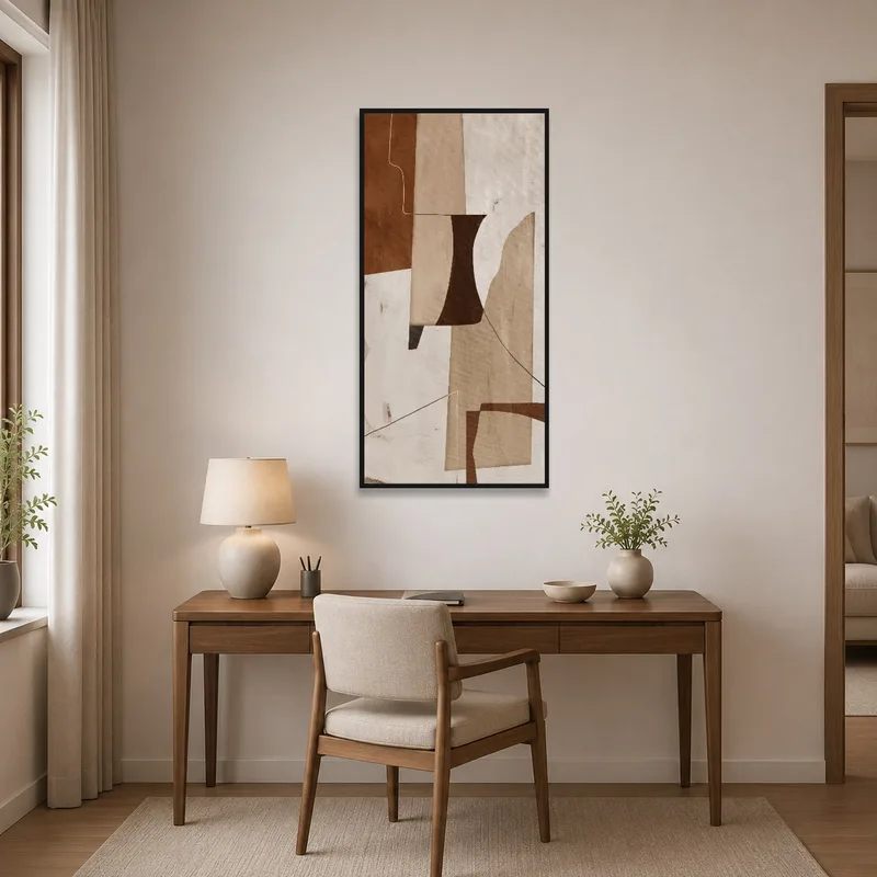 Geometric art infusing the home office with creativity and warmth.