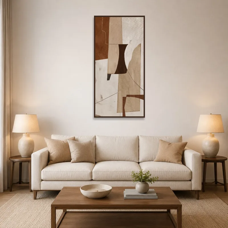 Abstract earth tones artwork on a living room wall complementing modern furniture.