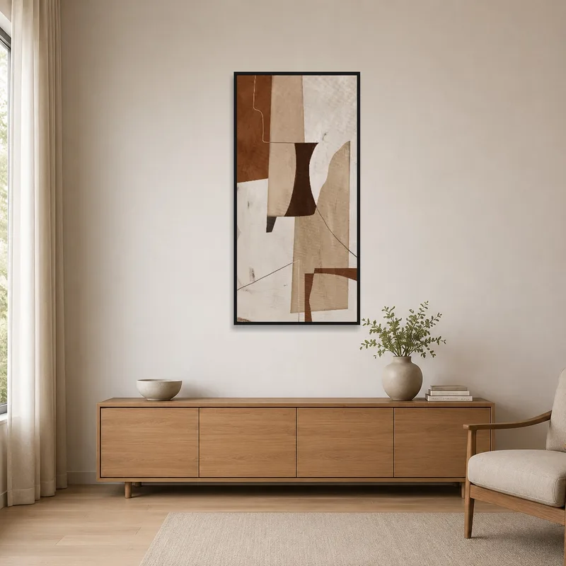 Geometric earth tones art adding a subtle flair in a minimalist room.