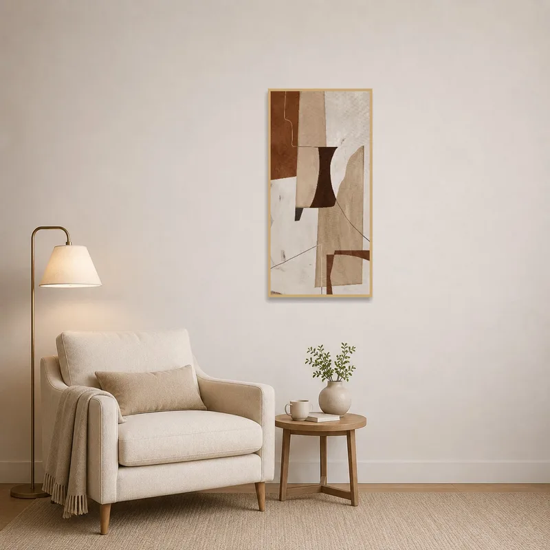 Earthy toned geometric piece enhancing the calm of a reading corner.
