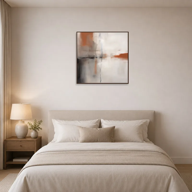 Earth-tone abstract square adds warmth to a peaceful bedroom.