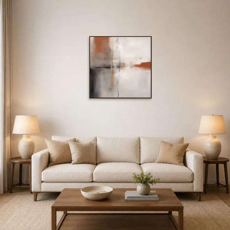 Abstract earth tones square artwork in a cozy living room setting.