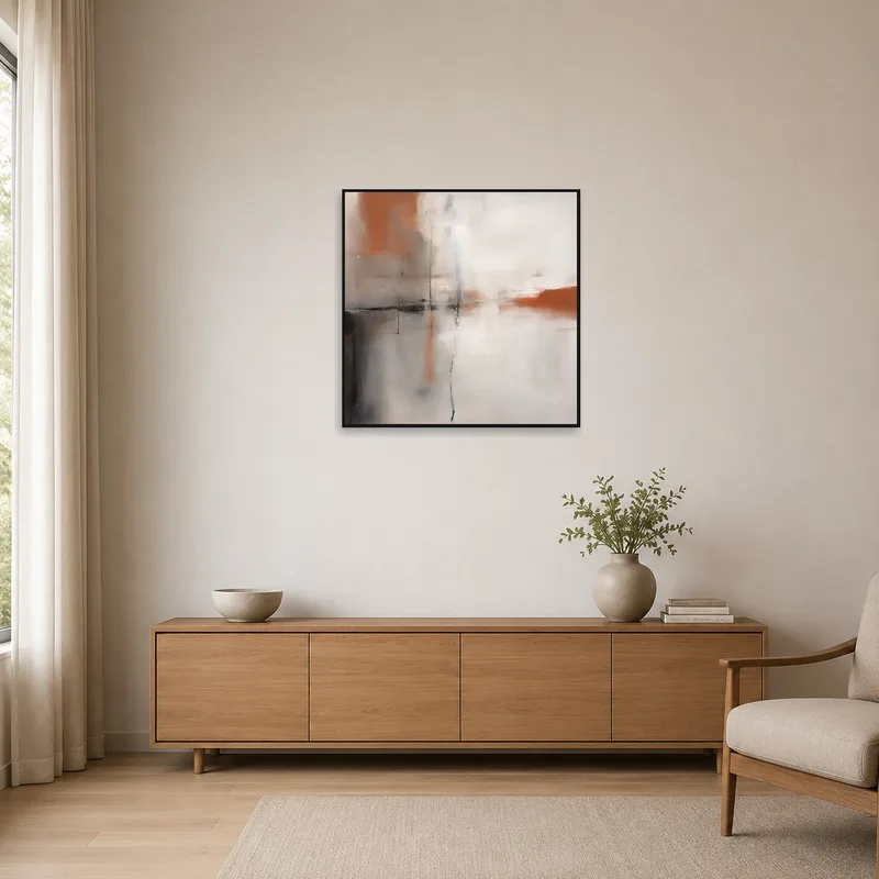 Minimalist space with abstract earth tone square artwork.