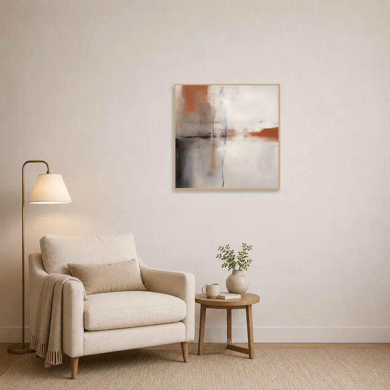 Reading corner adorned with an abstract earth tones square design.
