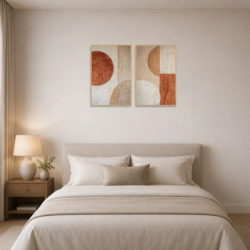 Abstract earthy tones geometric art set above the headboard in a tranquil bedroom.