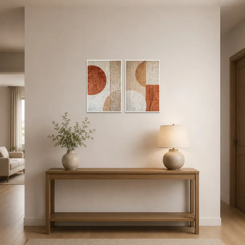 Abstract earthy tones geometric art set adorning an entrance hall with a sleek table.