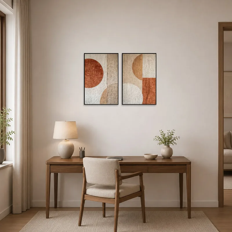Geometric art set in earthy tones enhancing the wall of a contemporary home office.