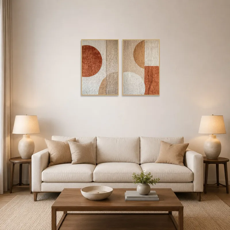 Abstract earthy tones geometric art set on a living room wall above a modern sofa.