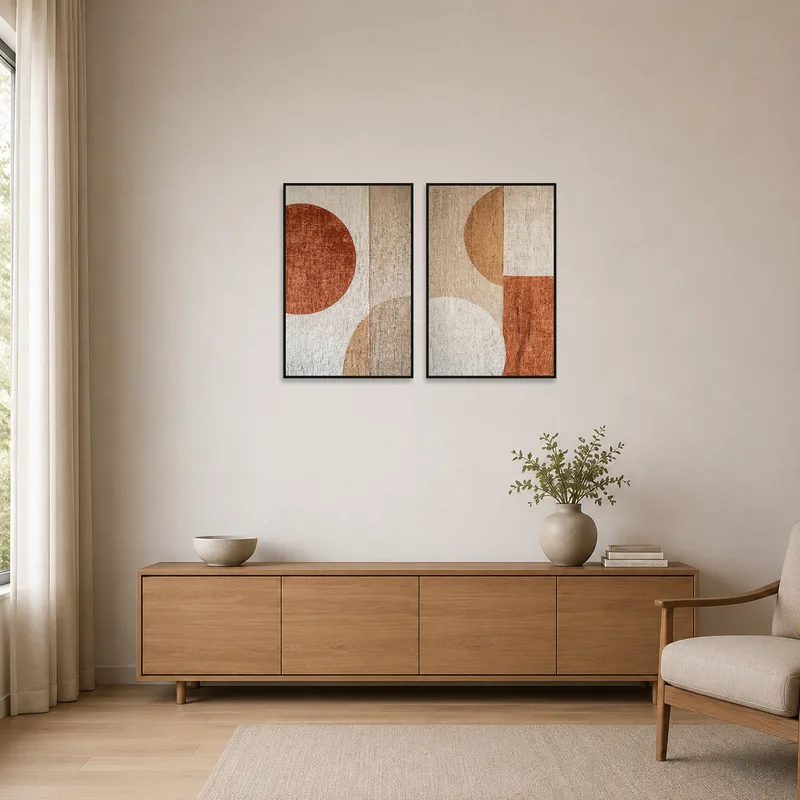 Geometric art set with earthy tones displayed in a minimalist room with simple furnishings.