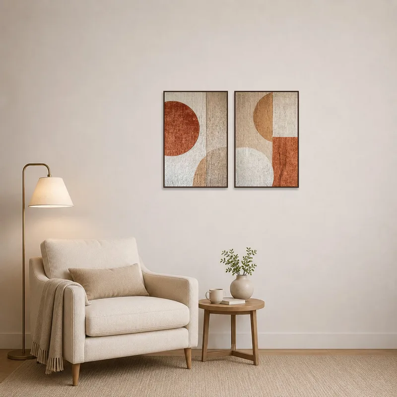 Geometric art with earthy tones in a cozy reading corner beside a comfy chair.