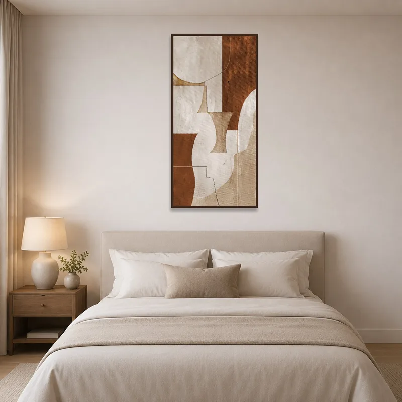 Bedroom adorned with vertical composition of earthy tones.