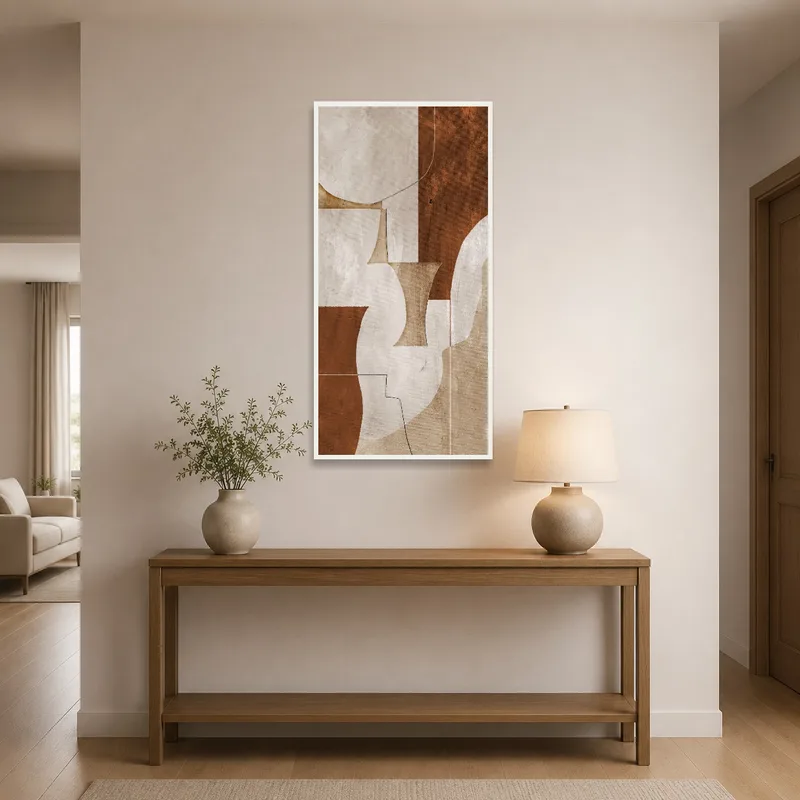 Entrance hall with striking abstract earthy colors piece.