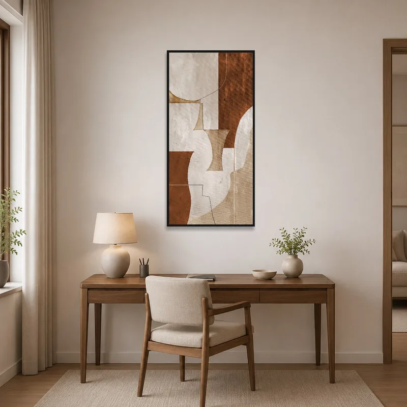 Home office enhanced by a vertical abstract in natural hues.