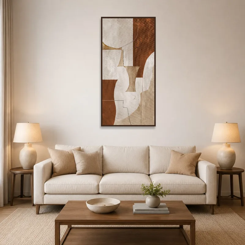 Abstract earthy tones artwork in a cozy living room setting.