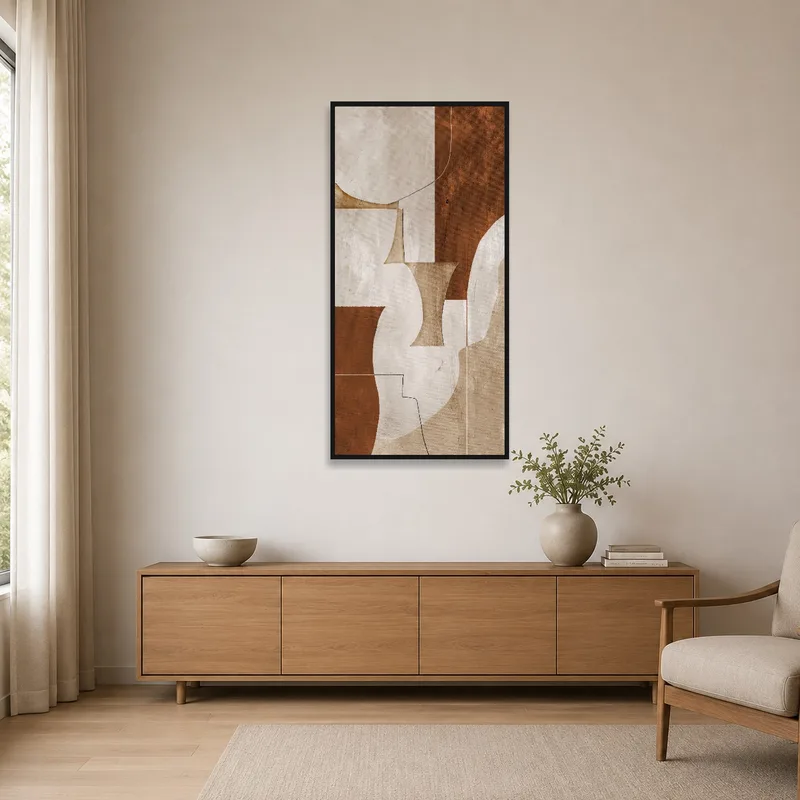 Minimalist space featuring earthy tones abstract art.