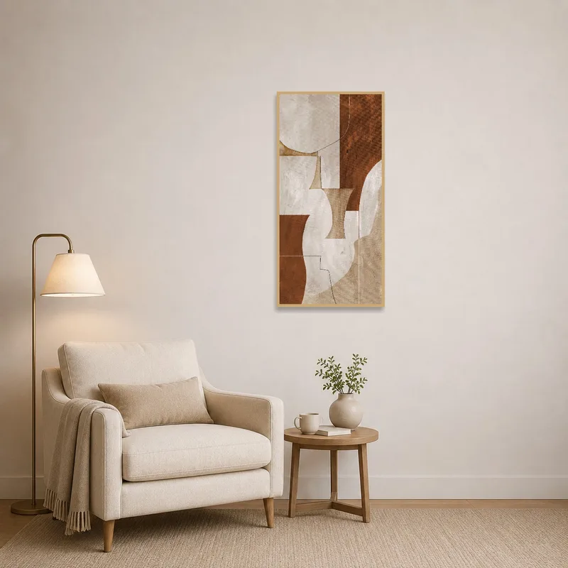 Reading corner accented with abstract artwork in earthy hues.