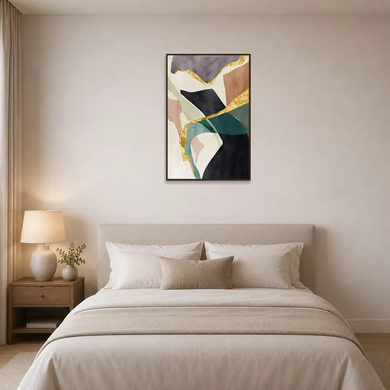 Bedroom with abstract elegance and gold highlights on the wall.
