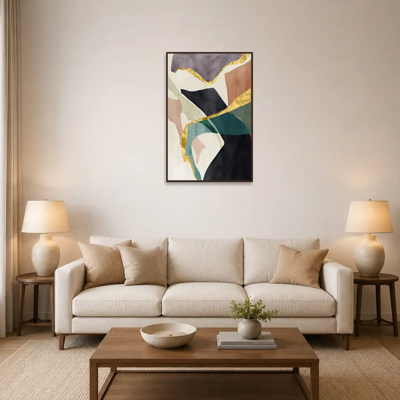 Abstract art with gold highlights in a sophisticated living room.