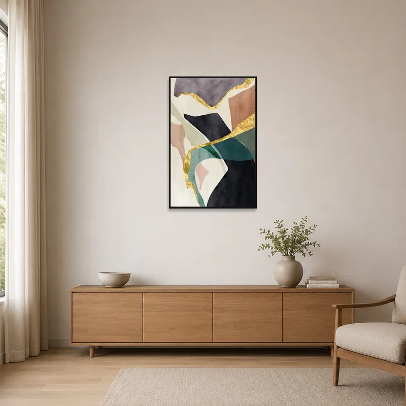 Minimalist setting featuring abstract art with gold accents.