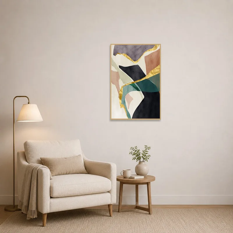 Reading corner adorned with abstract art and gold details.
