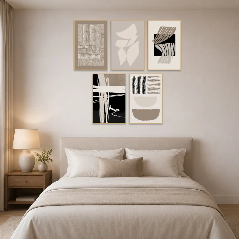Earth-toned abstract geometric art enhances the serene ambiance of the bedroom.