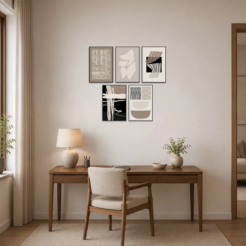 Home office with abstract geometric art in earth tones creating a soothing workspace.