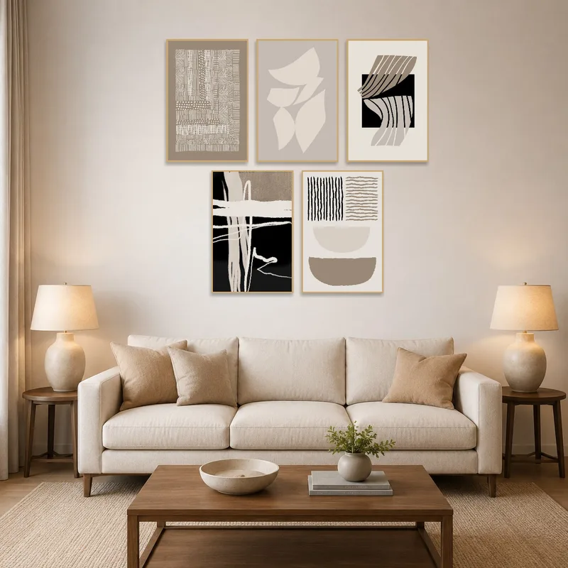 Abstract geometric art set in earthy tones adorns a modern living room wall.