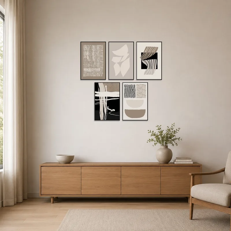 Minimalist room showcasing abstract geometric art in earth tones on a sparse wall.