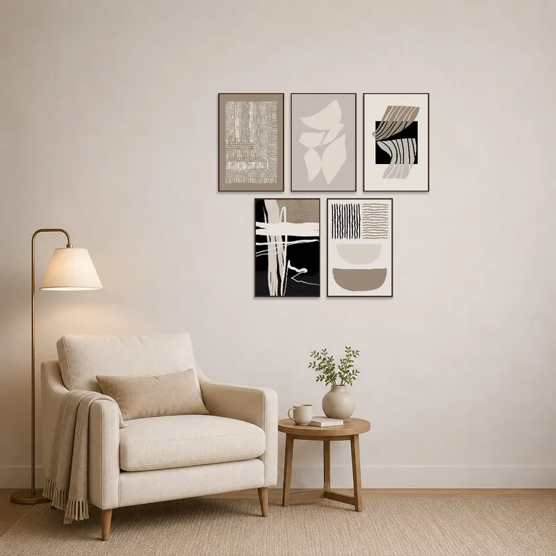 Reading corner accented by abstract geometric art in earth tones on the adjacent wall.