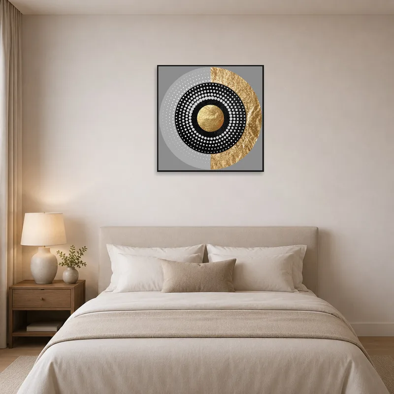Bedroom wall displaying abstract geometric circle artwork with gold highlights.