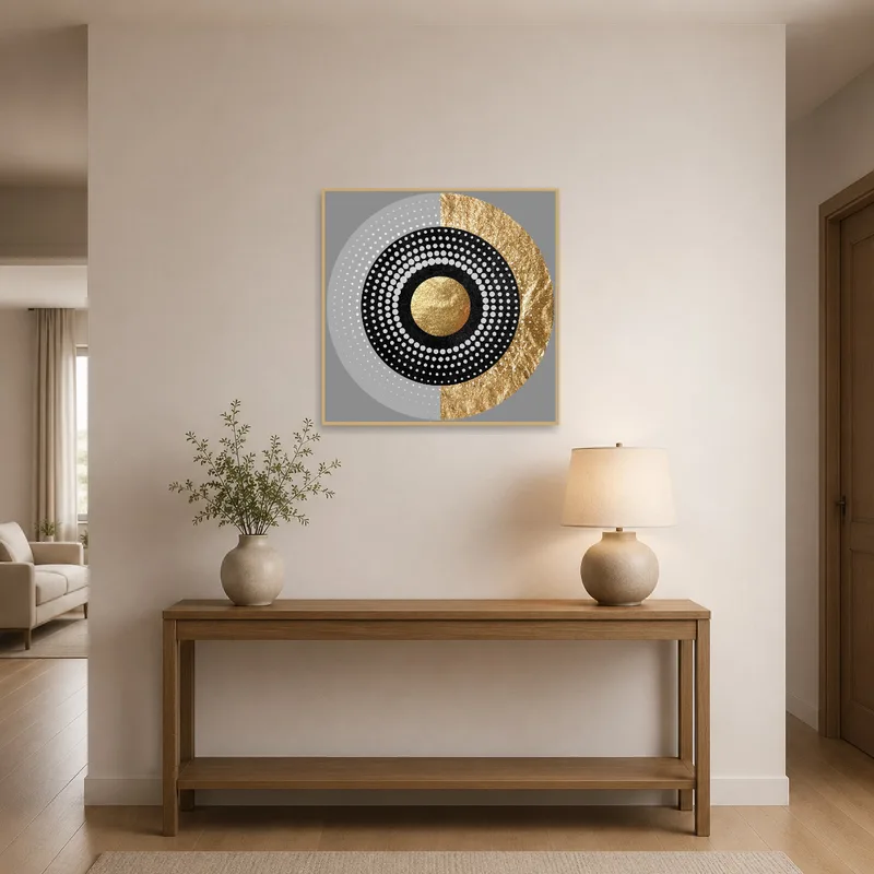 Entrance hall showcasing abstract geometric circle artwork with golden touches.