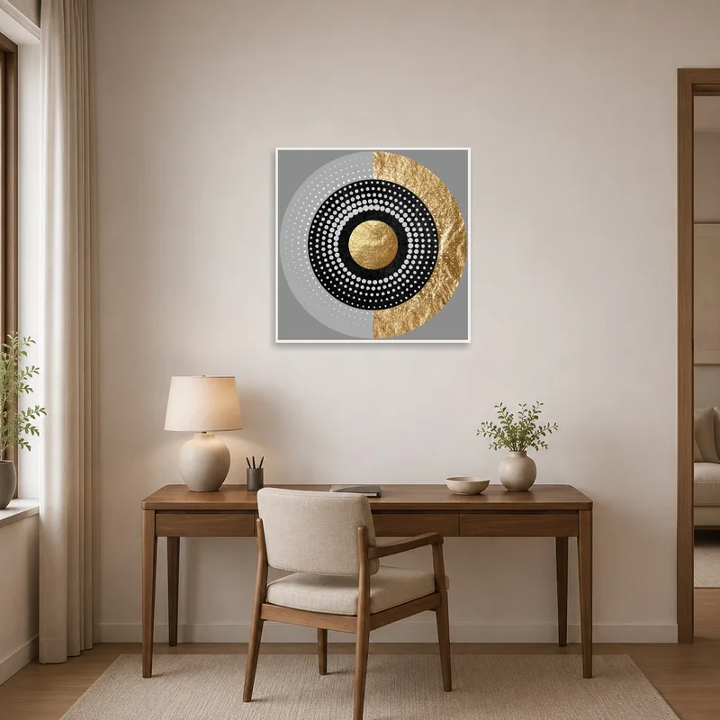 Home office featuring abstract geometric circle and gold accent artwork on the wall.