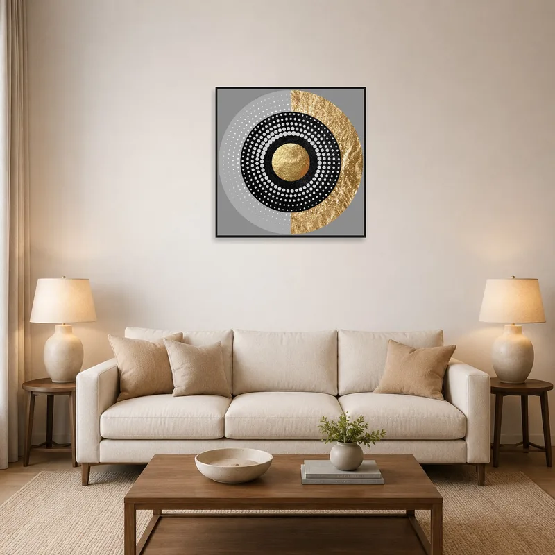 Abstract geometric circle with gold accents in a stylish living room setting.