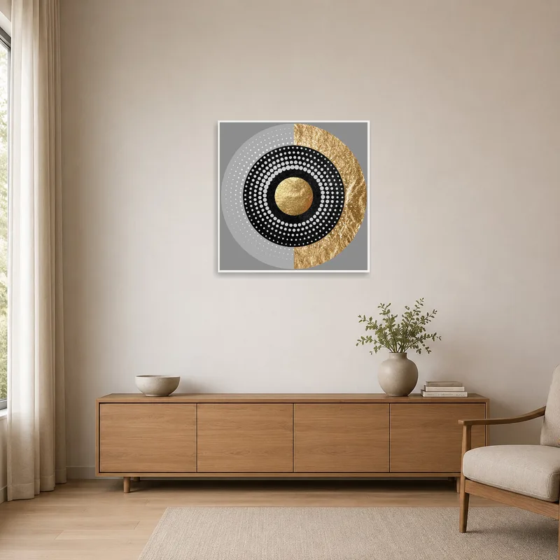 Minimalist room featuring an abstract geometric circle artwork with gold details.