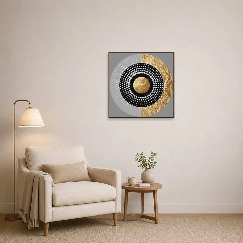 Reading corner adorned with abstract geometric circle artwork and gold accents.