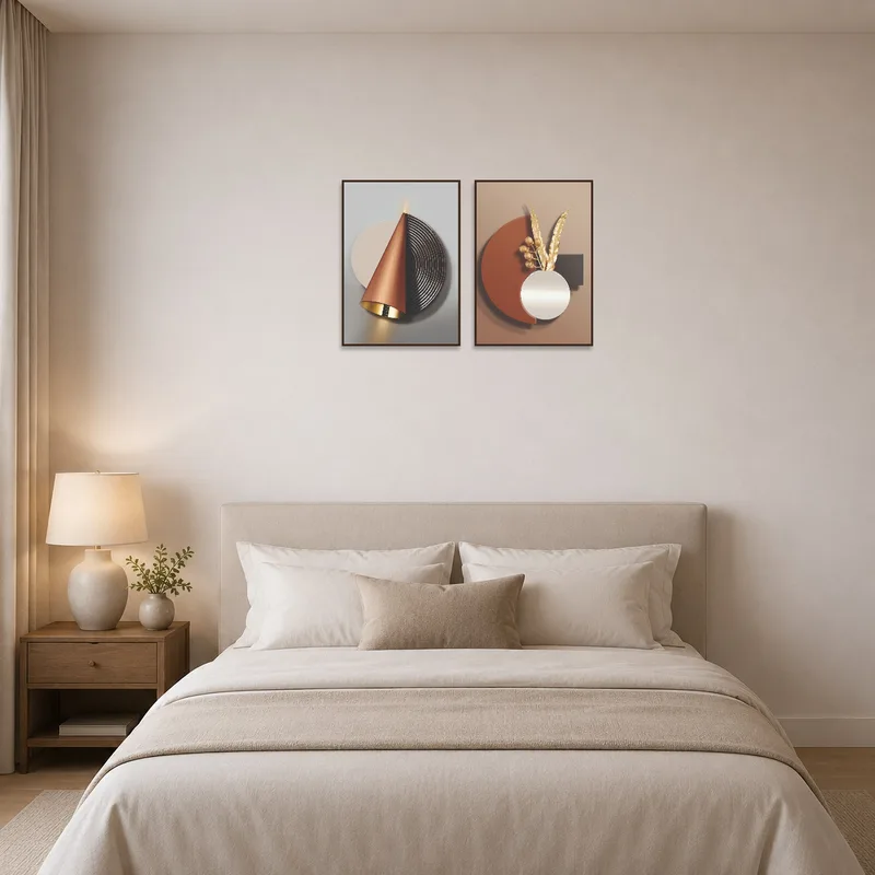 Chic bedroom featuring an art set of abstract gold and bronze shapes.