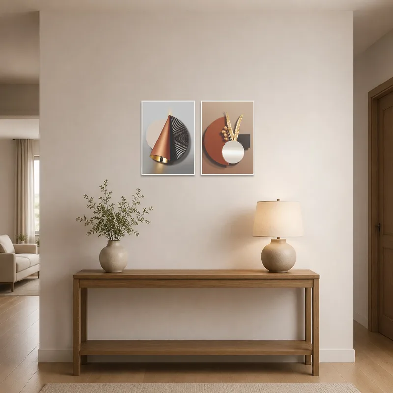 Abstract geometric art set accentuating an elegant entrance hall.
