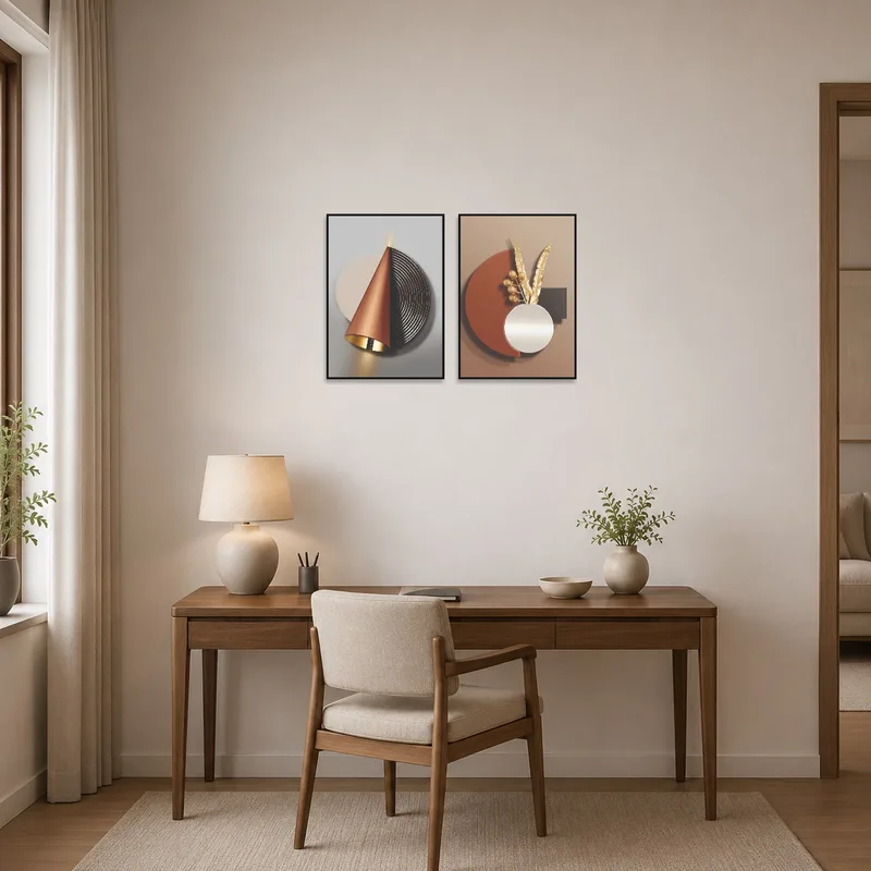 Home office with contemporary gold and bronze abstract geometric set.
