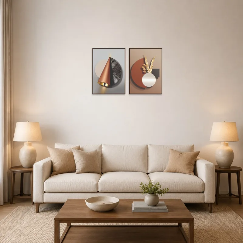 Geometric gold and bronze art set hanging in a stylish living room setting.