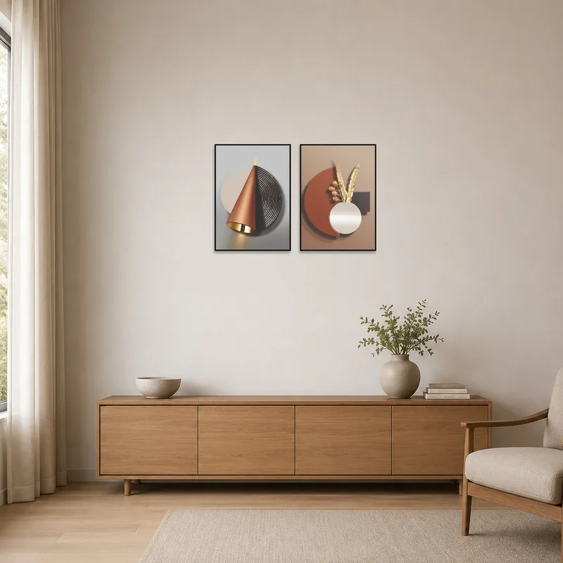 Minimalist room showcasing an abstract set with gold and bronze shapes.