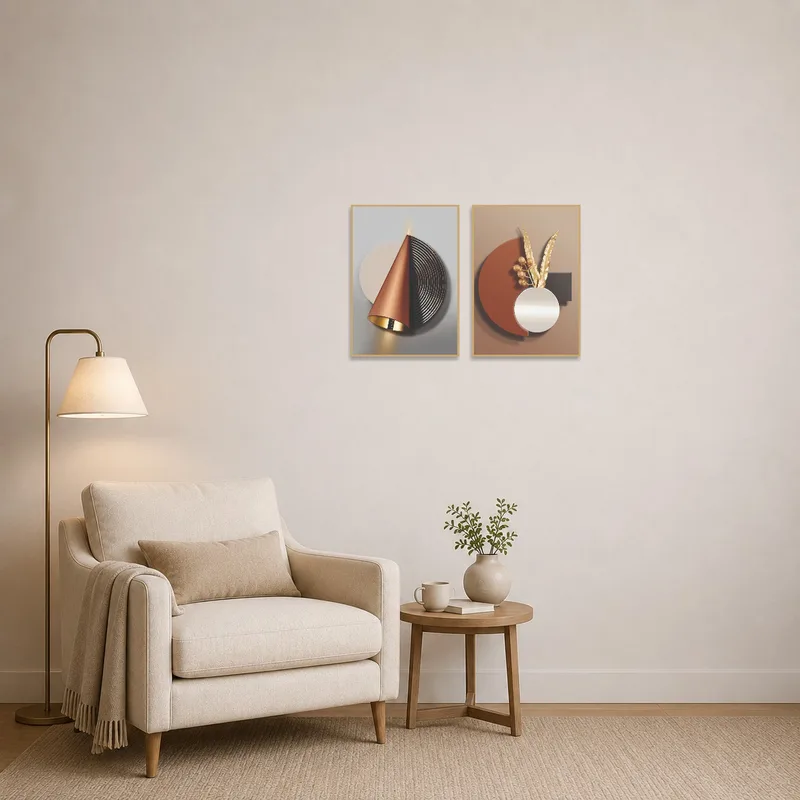 Cozy reading corner with geometric gold and bronze artwork on the wall.