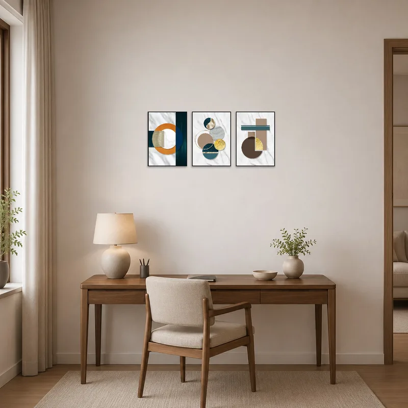 Abstract triptych set brings dynamic energy to the home office wall.