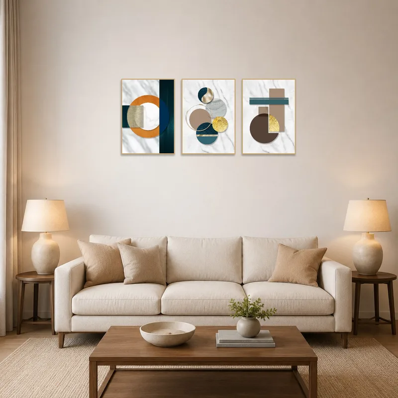 Abstract geometric triptych art set displayed above a modern living room sofa.