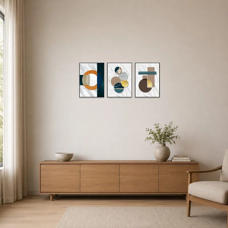 Geometric abstract triptych adds a bold touch to a minimalist styled wall.